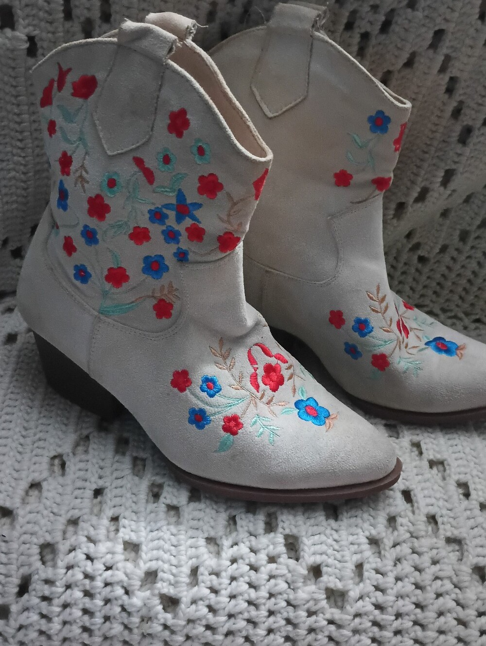 Women-7. Embroidered Floral Western Ankle Boots - Cream with Red & Blue Accents